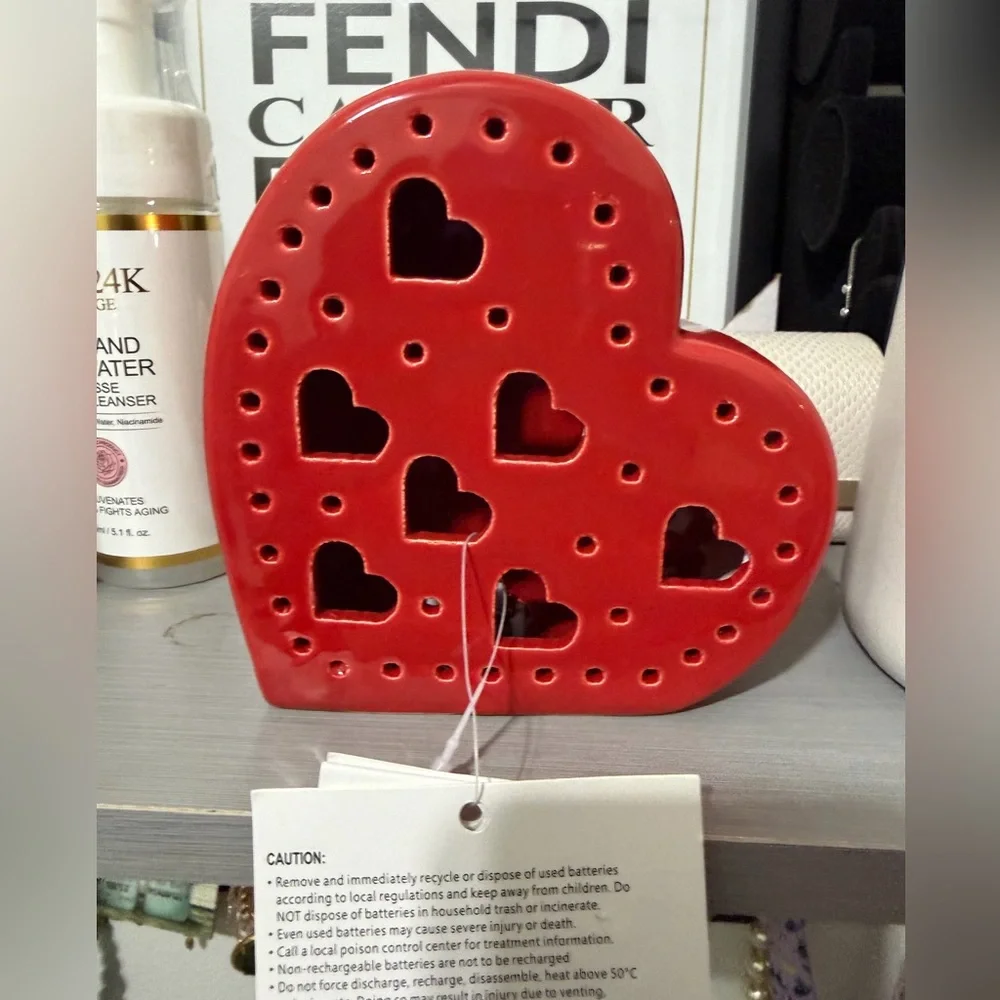 Red Heart Ceramic Luminary with Cutout Hearts with inside lights